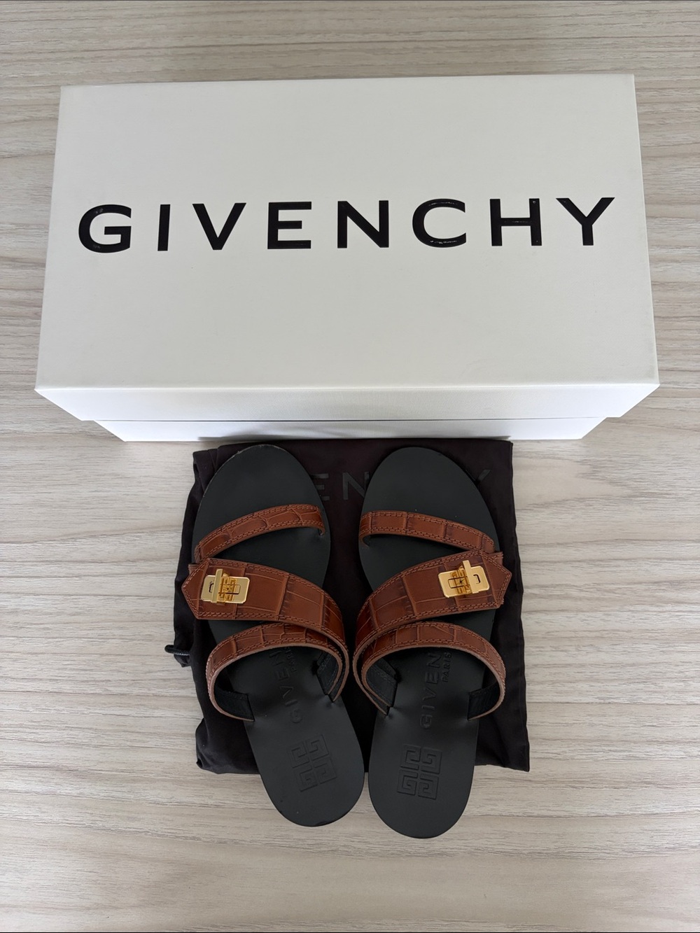 Givenchy Brown Leather Double-Strap Sandals with Gold Buckles